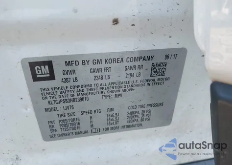 2017 Chevrolet Trax Lt from USA, damaged, VIN KL7CJPSB3HB239010